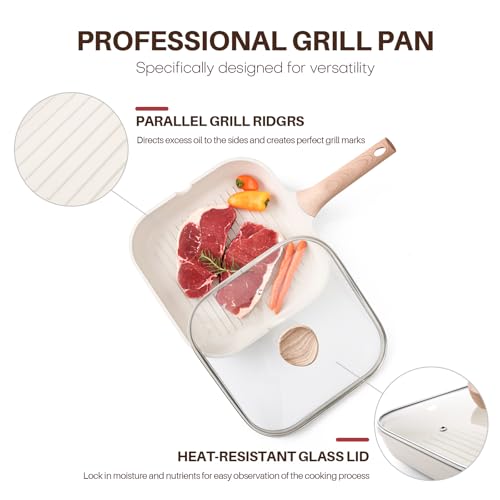 Nonstick Grilling Pan with Lid for Stove Tops (White / 9.5 Inch)