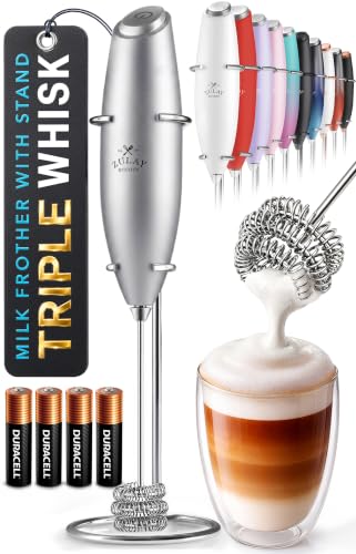Powerful Milk Frother Wand With Duracell Batteries (08 - Alpha Silver / Triple Whisk + Batteries)