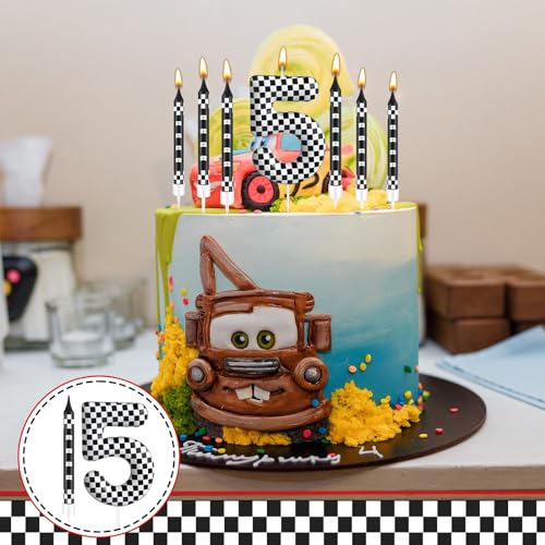 13 Pcs Racing Cars Themed Birthday Candles Black and White Race Number 5 Checkered Candle Cake Topper for Racing Car Party Decoration Supplies (Black+White / 5)