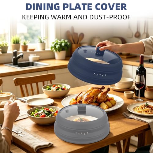 Microwave Splatter Cover Glass Guard Lid with Collapsible Silicone for Food Pot Plate Cover 9.8 inch Dark Blue (DARK BLUE / 9.8 inch)