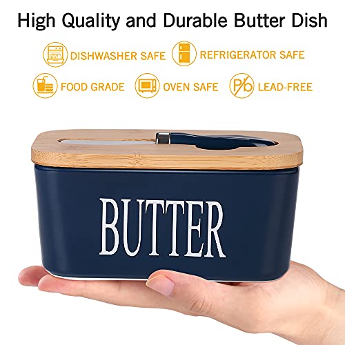 Ceramic Butter Dish with Bamboo Lid and Stainless Steel Knife Spreader (Blue)