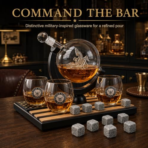 U.S. Navy Globe Whiskey Decanter Set with 4 Liquor Glasses (Navy)