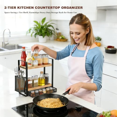 2 Tier Spice Rack Organizer for Countertop with Drawer and Basket (Brown)