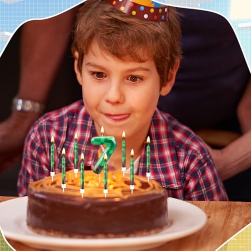 13 Pcs Dynamite Themed Birthday Cake Candles & Number 7 Candle Topper for Pixel Theme Birthday Party (Green+Brown / 7)