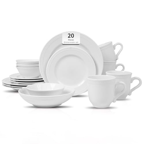 HomeVSS 20 Piece Pearl Dots Stoneware Dinnerware Set (White)
