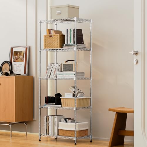 1250 lbs 5 Tier Shelf Metal Storage Shelves Wire Rack Closet Organizers with Wheel for Garage Kitchen Bathroom Laundry Chrome 13.7" D x 23.6" W x 62.4" H (5 tiers, 13.7"D x 23.6"W x 62.4"H / Chrome)