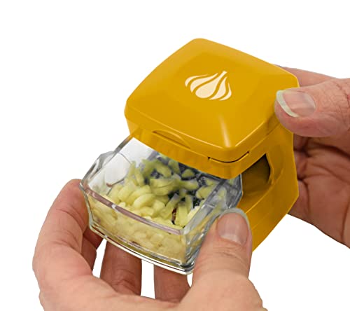 Garlic-A-Peel Garlic Press, Crusher, Cutter, Mincer, and Storage Container - Includes Silicone Garlic Peeler - Easy to Clean - Stainless Steel Blades – (Honey), standard (2.5 x 2.5 x 2.8 / Honey)
