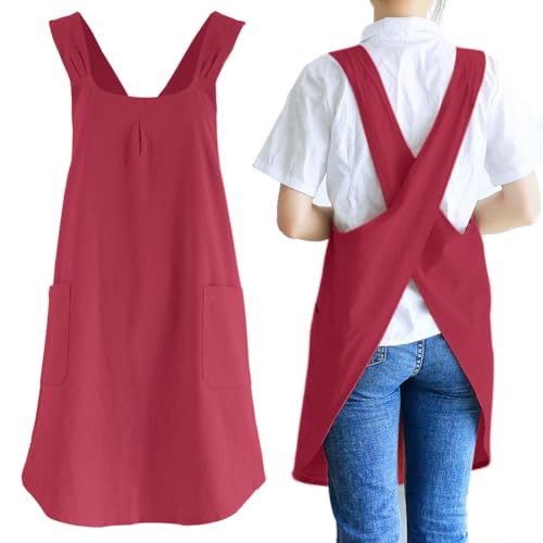 Japanese Linen Cross Back Kitchen Cooking Aprons for Men with Pockets for Baking Painting Gardening Cleaning Dark Red (05 - Women's Dark Red)