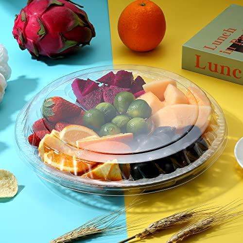 12 Pack Round Plastic Veggie Tray with Lid Fruit Tray 6 Divided Compartment Container Food Serving Dip Platter Reusable Catering Trays for Veggie Fruit Snack Party and Buffet Trays（Clear (Clear / 10inch)