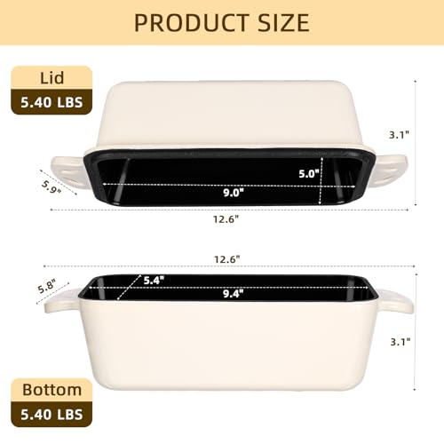 9x5 Enameled Cast Iron Loaf Pan with Lid (Cream White)
