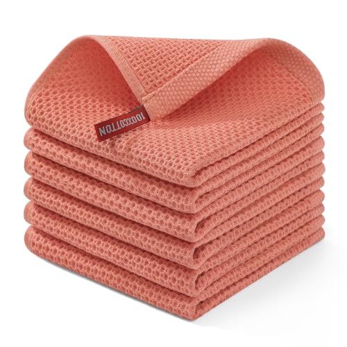 100% Cotton Waffle Weave Kitchen Dish Cloths 6 (Coral / 12 X 12 - 6 Pack)