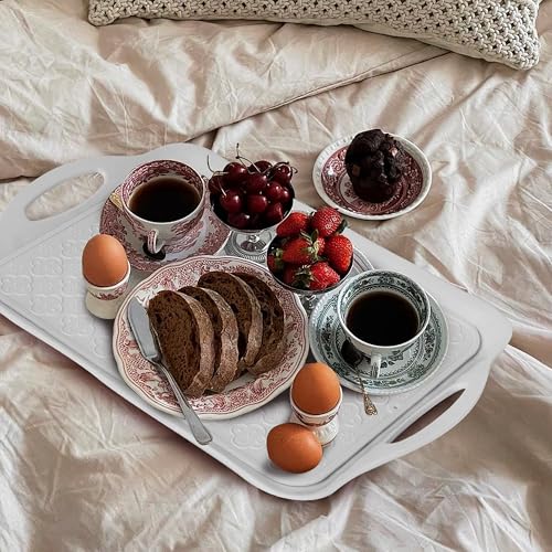 Large White Melamine Serving Tray with Handles (White)