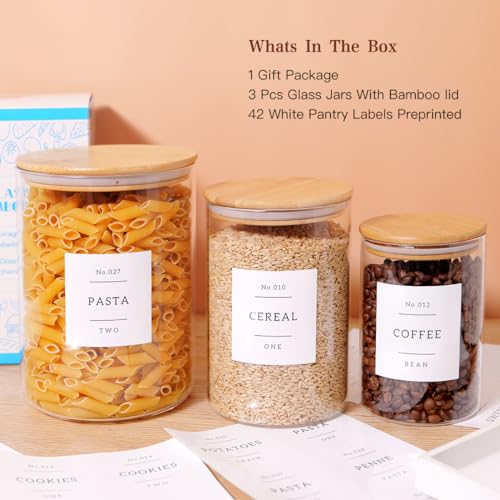 3 Pcs Glass Canisters with Airtight Bamboo Lids and 42 Kitchen Pantry Labels Preprinted (3 pack)
