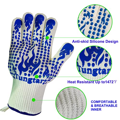 Oven Mitts Heat Resistant BBQ Proof Glove 11Inch 1472℉ Grill Glove Proof Heat for Women Men BBQ Gloves Gift Set Cooking Gloves for Cooking (White Blue)