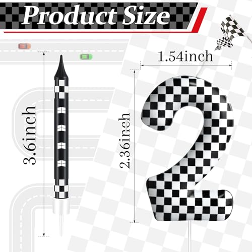 13 Pcs Racing Cars Themed Birthday Candles Black and White Race Number 2 Checkered Candle Cake Topper for Racing Car Party Decoration Supplies (Black+White / 2)
