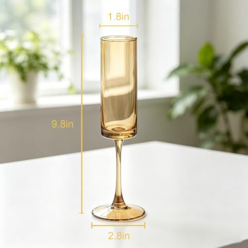 6 Pieces Amber Champagne Flutes 6 OZ Straight Sided Wine Glasses Champagne Long Stem Drinking Colored Glasses (Amber / 6 PCS)
