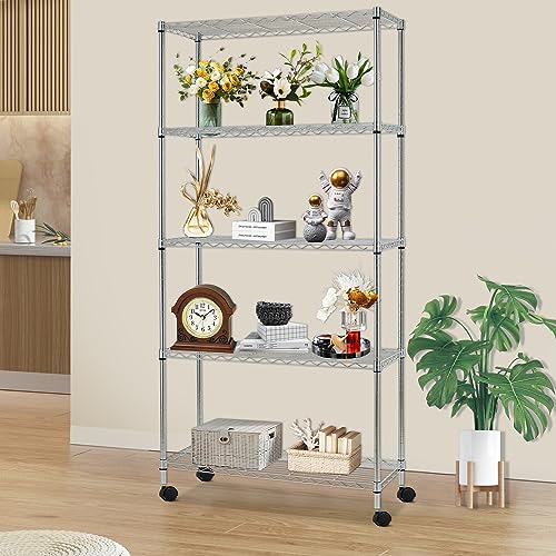 5 Tier Wire Storage Shelves with Wheels (Chrome / 30×14×61)