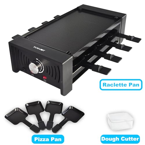 Raclette Party Grill (Cast Aluminum Grill plate with Cheese trays and Pizza pans,black)