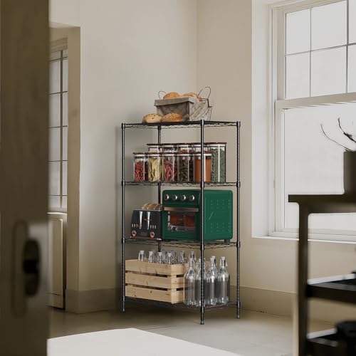 1000 lbs 4Tier Shelf Metal Storage Shelves Wire Rack Closet Organizers with Wheel for Garage Kitchen Bathroom Laundry Black 13.7" D x 23.6" W x 53.4" H (4 tiers, 13.7"D x 23.6"W x 53.4"H / Black)