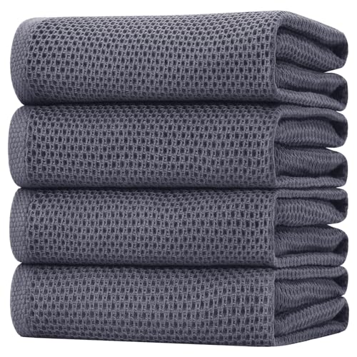 100% Cotton Oversized Waffle Weave Kitchen Towels 4 (Dark Grey / 20 X 28 - 4 Pack)
