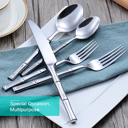 Silverware Set Silver Bamboo Handle Flatware Stainless Steel Heavy Cutlery Set 20 Pieces Mirror Polished Spoons Forks and Knives Service for 4 (Silver / 20 pcs)