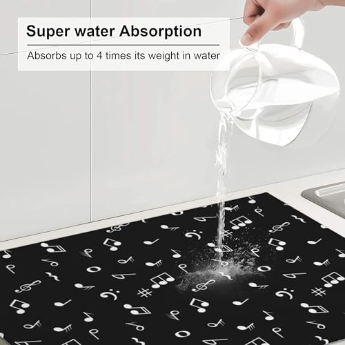 Musicial Kitchen Drying Mat Music Notes Microfiber Dish Drainer Mat for Kitchen Counter Absorbent Reusable Washable 18x24 Inch Black (Music Notes / 18 x 24 inch)