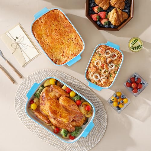Ceramic Baking Dishes Set of 3 (White-Blue Trim)
