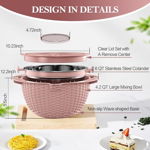 4 1 Strainer Bowl with Lid Set (Pink)