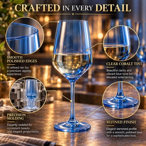 Blue Wine Glasses Set of 6 Cobalt Blue 14oz Birthday Gift for Her Women Blush Colored Tall Stemmed Unique Wine Glasses Colored Glassware Set Elegant Tableware for Parties Wedding Anniversary Home Bar (Cobalt Blue)
