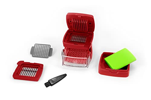 Garlic-A-Peel Garlic Press, Crusher, Cutter, Mincer, and Storage Container - Includes Silicone Garlic Peeler - Easy to Clean - Stainless Steel Blades – (Red), standard (2.5 x 2.5 x 2.8 / Red)