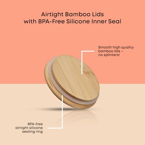 Borosilicate Glass Jars With Bamboo Lids. 6 Pc Set of Air Tight Sealable Containers. Food Jar Canisters with Airtight Lid for Pantry Storage and Kitchen Organization (Bamboo Covers)