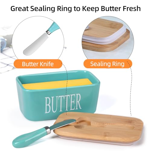 Ceramic Butter Dish with Bamboo Lid and Stainless Steel Knife Spreader (Green)