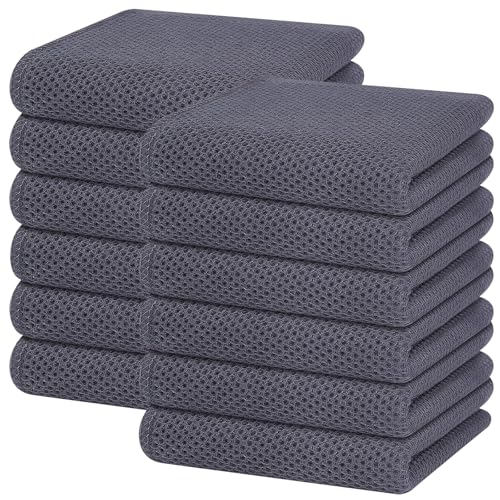 100% Cotton Waffle Weave Kitchen Dish Towels 12 (Dark Grey / 13 X 28 - 12 Pack)