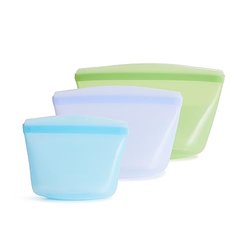 Premium Reusable Silicone Bags and Lunch Bag (Blue + Lavender + Green / 3-Pack)