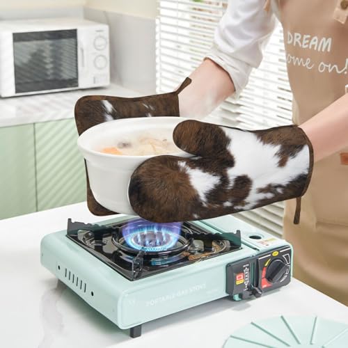 Cow Print Oven Mitts and Pot Holders Set of 4 Silicone Brown Cowhide Kitchen Mitten Gloves and Non (Brown)
