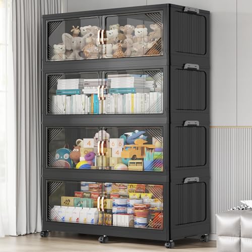 V60 880QT Plastic Stackable Storage Bins with Lid (Black / 220QT-4Pack)