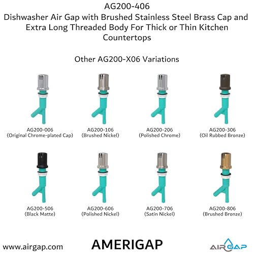 Dishwasher Air Gap with Skirted Brushed Stainless Steel Brass Cap and Extra Long Threaded Body for Thick or Thin Kitchen Countertops (AG200-406)
