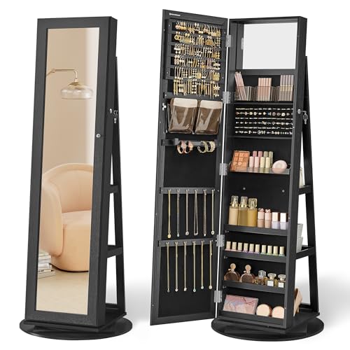 360° Swivel Jewelry Cabinet (Black / Framed Mirror, Classic)