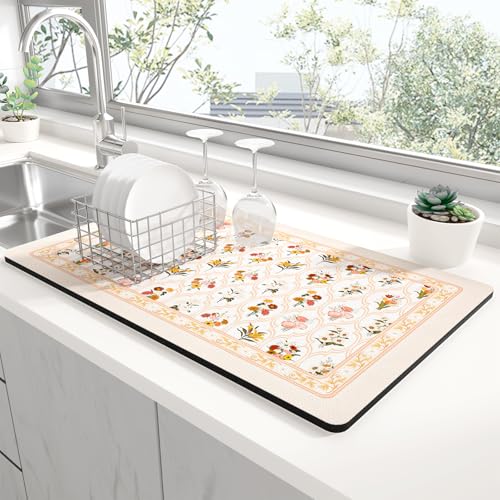 Dish Drying Mat for Kitchen Counter (Beige Floral Geometric / 15" x 24")