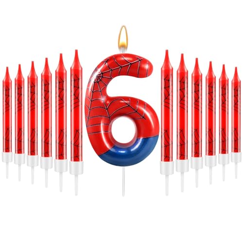 13 Pcs Spider Themed Birthday Candle Set Red Spider Theme Number 6 Candle Cake Topper for Boys Girls Birthday Decoration Spider Party Decoration Supplies (Red+Blue / 6)