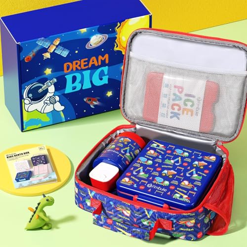 Kids Bento Snack Lunch Box with Thermo Insulated Toddler Lunch Bag (A8.Trucks)