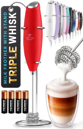 Powerful Milk Frother Wand With Duracell Batteries (20 - Red / Triple Whisk + Batteries)