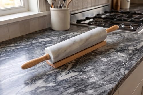 Polished Marble Rolling Pin with Wooden Cradle (White)