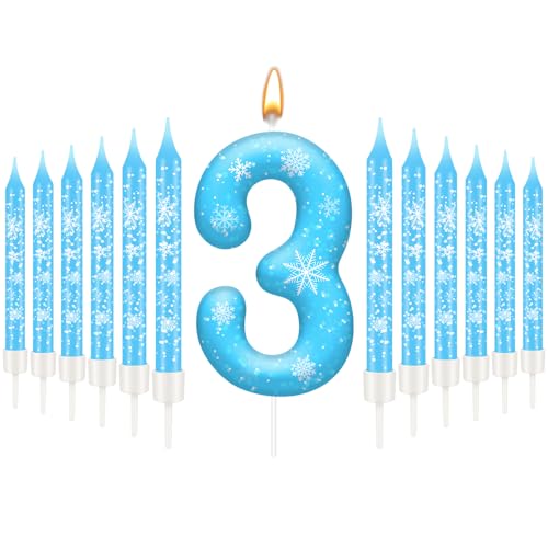 13PCS Snowflake Themed Birthday Candles Number 3 Set (Blue+White / 3)