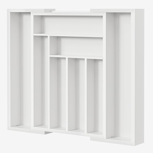 Bamboo Expandable Drawer Organizer for Utensils Holder (White / Large)