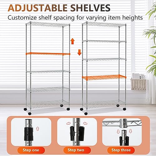 5 Tier Wire Storage Shelves with Wheels (Chrome / 30×14×61)