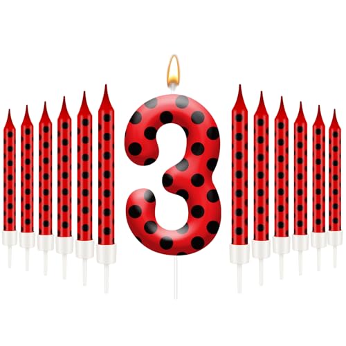 13PCS Ladybug Theme Birthday Candles Set (Red+Black / 3)