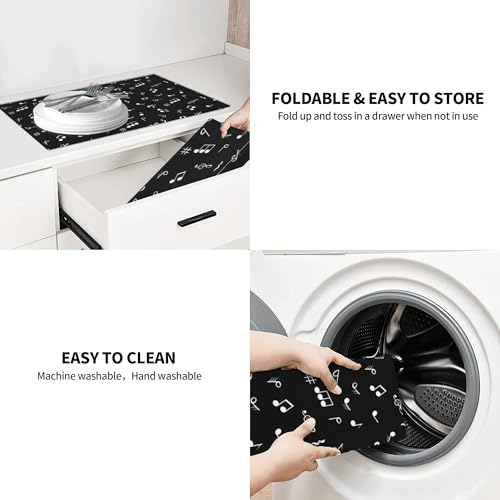 Musicial Kitchen Drying Mat Music Notes Microfiber Dish Drainer Mat for Kitchen Counter Absorbent Reusable Washable 18x24 Inch Black (Music Notes / 18 x 24 inch)