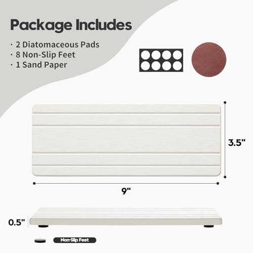 2PCS Diatomite Quick Stone Drying Tray Mat for Bathroom & Kitchen Counter (White / 9" x 3.5")