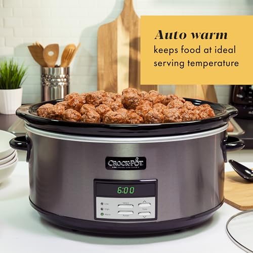 Large 8 Quart Programmable Slow Cooker with Auto Warm Setting Black Stainless Steel (Black / 8 Quarts)